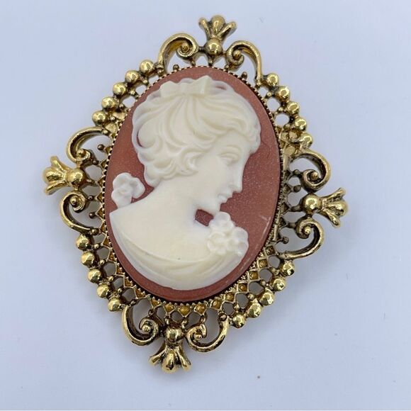 Vintage Avon Cameo Glace Brooch Pin Locket Gold Tone Filigree Trim Women - Picture 13 of 15